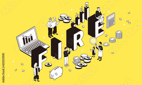 FIRE、資産運用をイメージするアイソメトリック構図のイラスト
