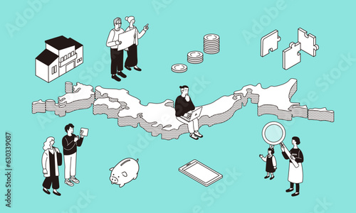 日本と資産運用をイメージするアイソメトリック構図のイラスト
