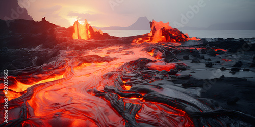 Lava flowing into the ocean with blue smoke and lava flowing into the air