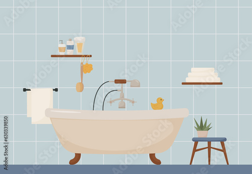 bathroom interior, furniture and plumbing, bathtub, shower, towel, shampoo, lotion, plant, duck, flat style, modern vector illustration