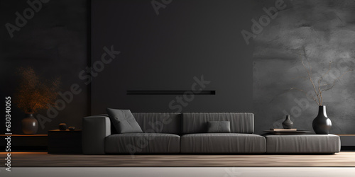 Serene dark living room adorned with a home mockup 3D rendered  Black room  with empty wall  single sofa  plant  carpet in monochrome black color  generative Ai