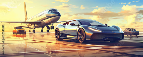 Super car and super jet in evenening sunlight. cartoon style picture © Michal