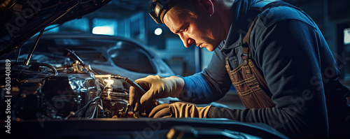 Car mechanic hands working on broken engine.