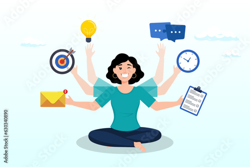 Productive woman with multiple hands handle multitasking job, multitasking or manage project, task or work efficiency, productivity or time management, workload balance or work responsibility (Vector)
