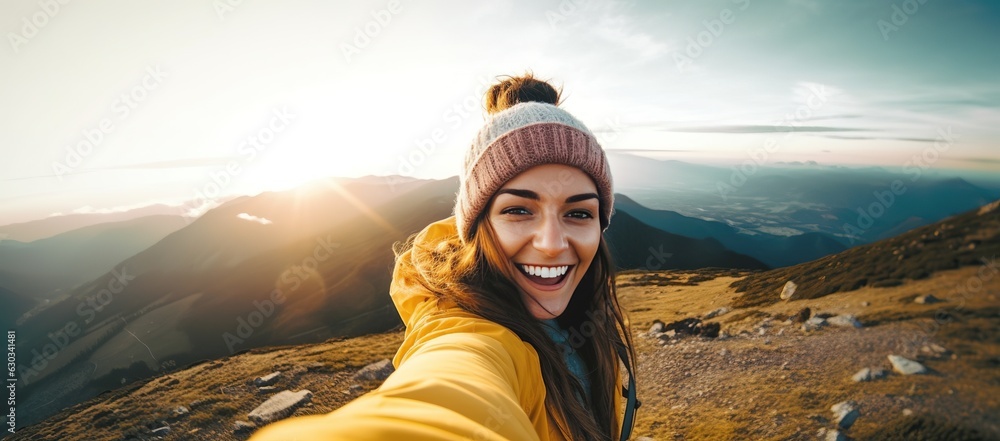 young female hiker capturing a selfie portrait on the mountain peak