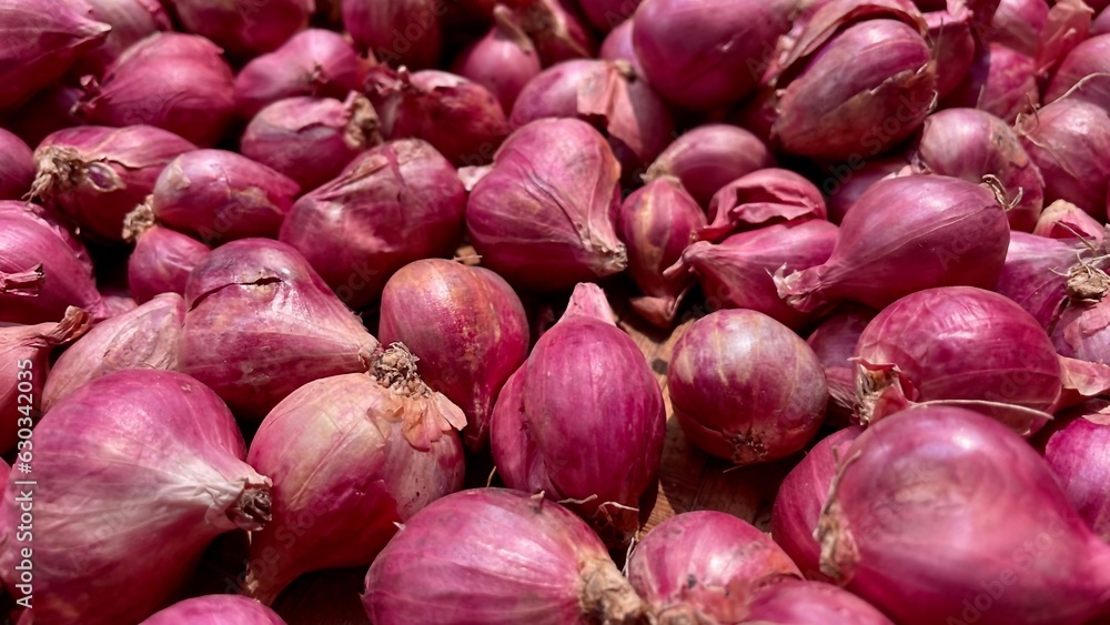 a stack of bulb onion in red or purple color in closed up and selective focus. Full frame and isolated. Onion is the most widely cultivated species for food ingredients.