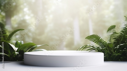 3d luxury white podium with blue nature background for your luxury product.Generative AI © BoszyArtis