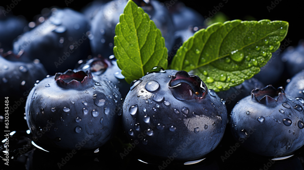 Blueberries background, adorned with glistening raindrops of water. top ...