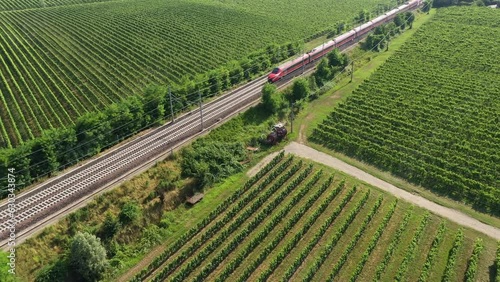 Flight over a moving red train on a green background. Red train fast movement top view. Diagonal movement of a modern super high speed red train between vineyards top view.