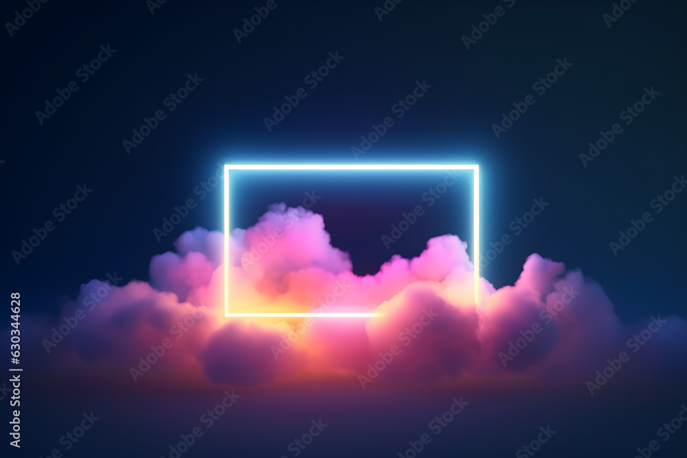 3d render, abstract minimal background with pink blue yellow neon light square frame with copy space, illuminated stormy clouds, glowing geometric shape 3d render, abstract minimal background with pink blue yellow neon light square frame with copy space, illuminated stormy clouds, glowing geometric shape