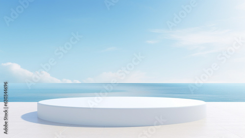 3d luxury white podium with blur ocean and blue sky for your luxury product.Generative AI