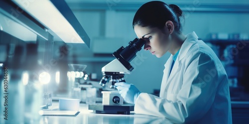 Scientist researcher using microscope in laboratory. Medical healthcare technology and pharmaceutical research and development concept. Generative AI. 