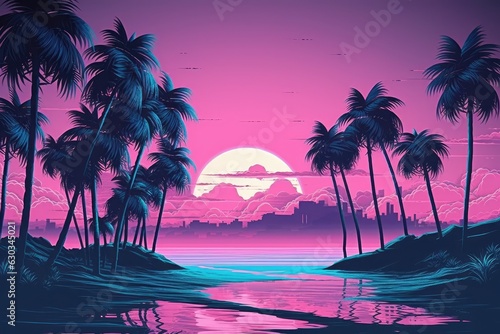 Sunset on the beach. Vaporware aesthetic. Pink tones. Summer time concept.  © FantasyEmporium