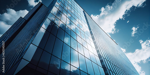 Reflective skyscrapers  business office buildings.Low angle photography of glass curtain wall details of high-rise buildings.The window glass reflects the blue sky and white clouds  Ai generated image