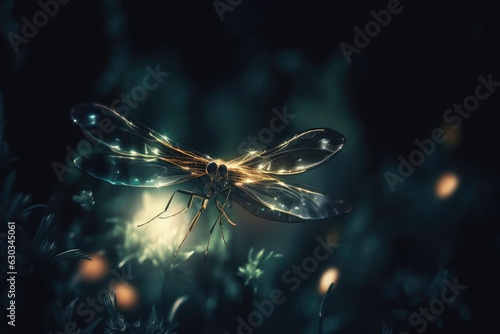 Firefly at the dark forest. Fantasy magical scene. 