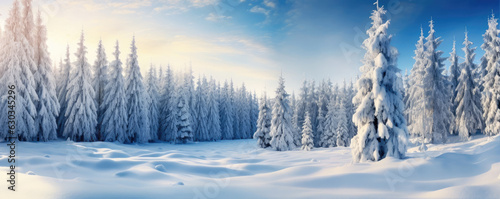 panoramic photo of the trees covered with snow in the snowland, copy space for text © Michal