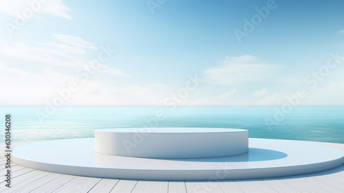 3d luxury white podium with blur ocean and blue sky for your luxury product.Generative AI