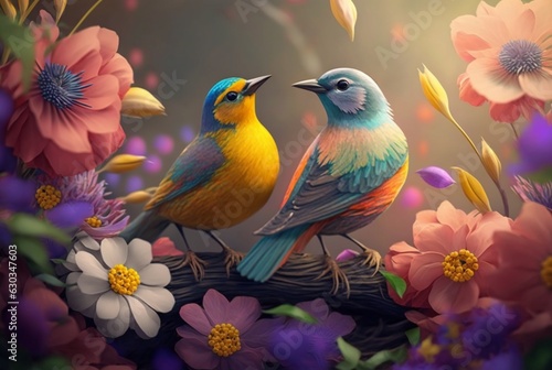Two beautiful birds above the flowers. generative AI © LivroomStudio