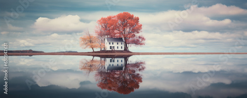An old house on the edge of lake or water.