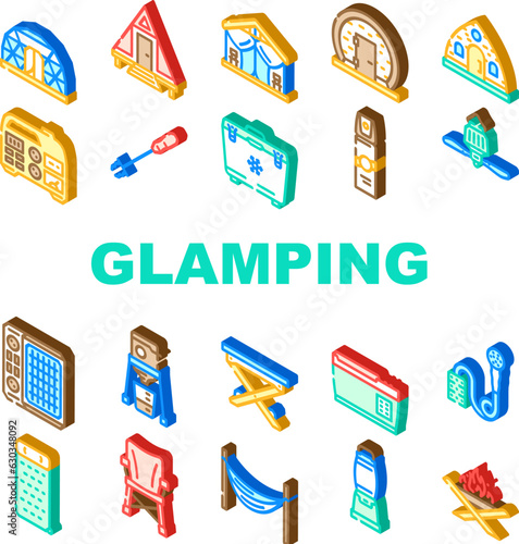 glamping tent nature luxury tipi icons set vector. forest africa, barbecue glamour, camp, campfire bubble, chair beach, vacation glamping tent nature luxury tipi isometric sign illustrations