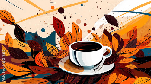 Image in SSTKbold style. Abstract autumn leaves and cup of coffee. photo