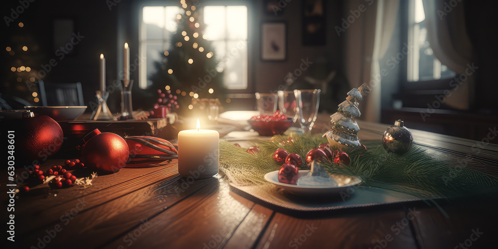 Cozy home apartment decorated christmas tree, garland, lights, bokeh, decoration.Christmas and New 2024 year card. Holidays interior background. Winter vacation. Generative ai.