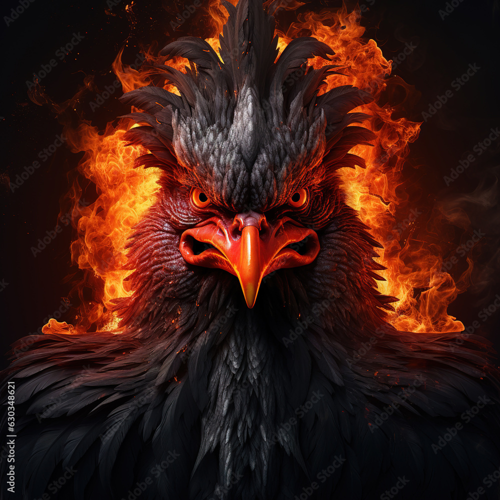 Image of angry chicken face and flames on dark background. Farm animals. Illustration, Generative AI.