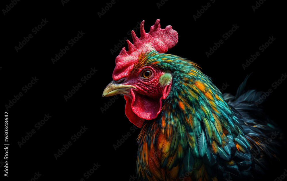 Image of colorful chicken head. Farm animals. Illustration, Generative AI.