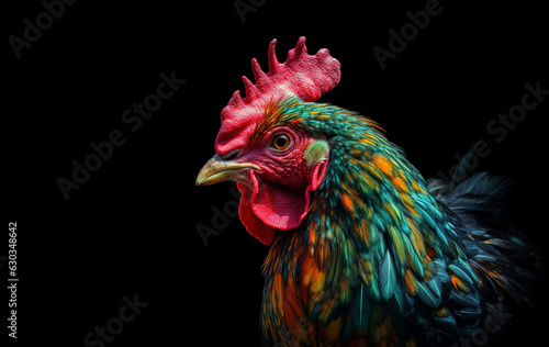 Image of colorful chicken head. Farm animals. Illustration, Generative AI. © yod67