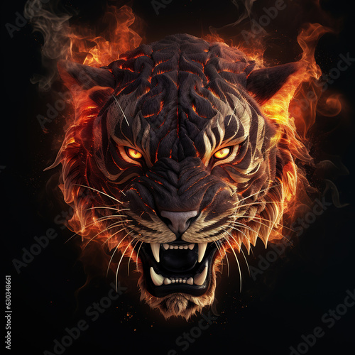 Image of an angry tiger head with a burning fire on black background. Wildlife Animals. Illustration, Generative AI. © yod67