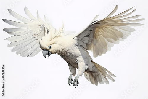 Image of a sulphur-crested cockatoo with spread wings in flight on a white background. Wildlife. Bird. Illustration, Generative AI. photo