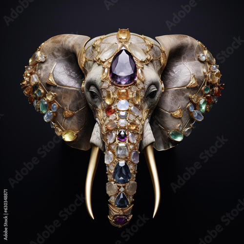 An elephant head made of beautiful gemstones. Wildlife Animals. Decorations. Illustration, Generative AI. photo