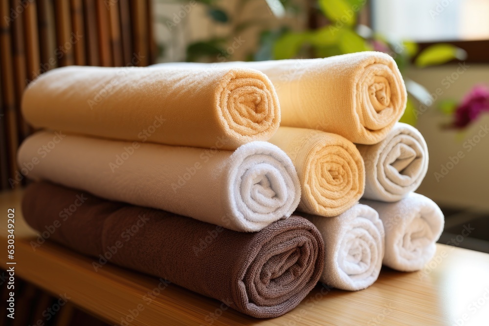 Rolled and prepared towels for guest use. Rolled and prepared towels for guest use.