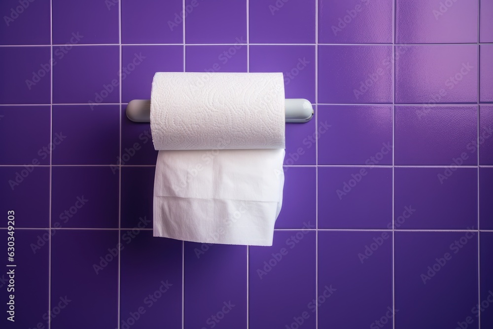 Obraz premium A white roll of soft toilet paper neatly hanging on a modern chrome holder.