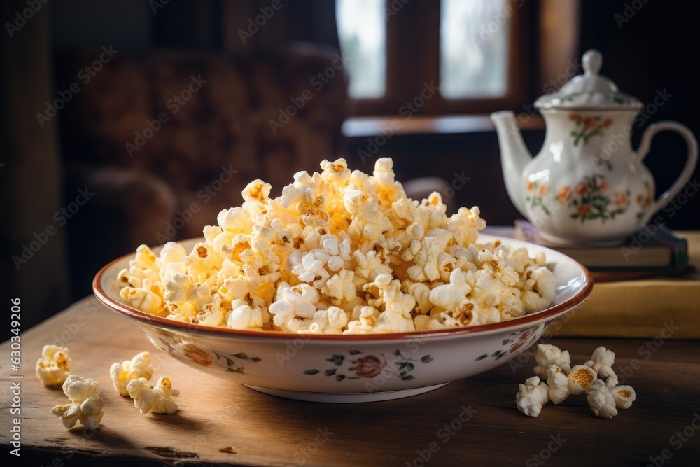 Popcorn in a bowl on the table. Generative AI Popcorn in a bowl on the table. Generative AI