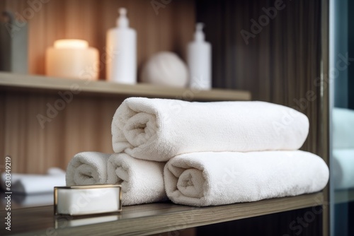 Shelf with towels at hotel spa.