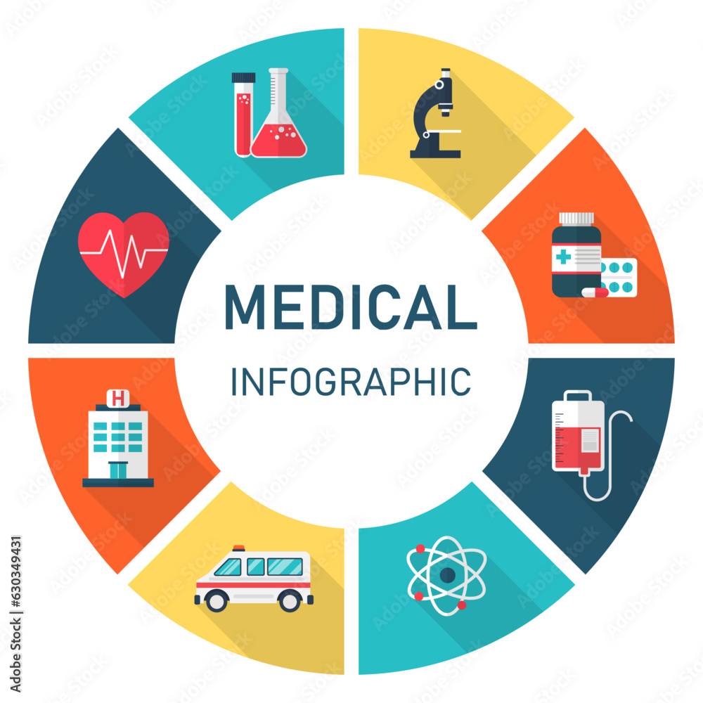 Fototapeta premium medical circle infographic banner with element. Health care and medicine symbol concepts. hospital sign with long shadow. vector illustration in flat design. isolated on white background.