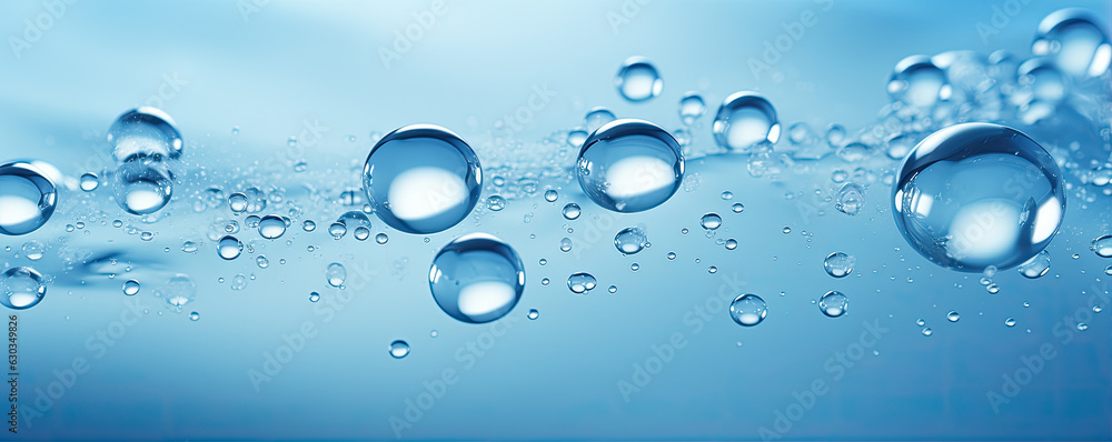 Water drops or oil bubbles on blue background. Droplets panorama picture. Water drops or oil bubbles on blue background. Droplets panorama picture.