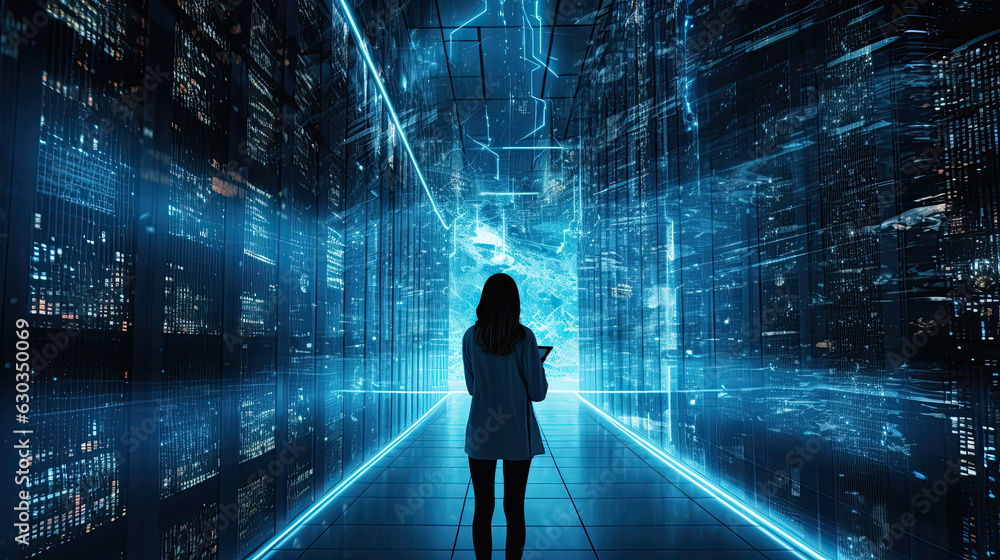 Woman with a tablet in a data center view. System Engineer Working for Cyber Data Security Company - Generative AI