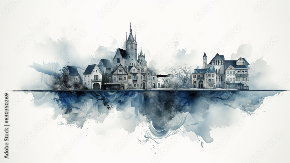 Poster abstract watercolor of the city. Sustainable development plan concept