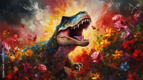  happy cute T-rex in flower blossom atmosphere golden oil paint abstract art