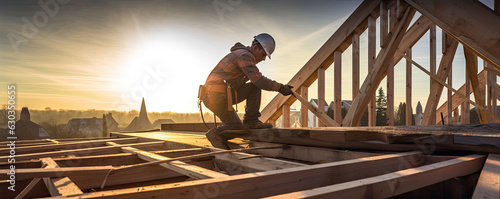 Billede på lærred Roof worker or carpenter building a wood structure house construction