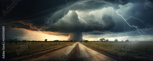 Supercell storm Thunder Tornado on road, wide banner or panorama photo.