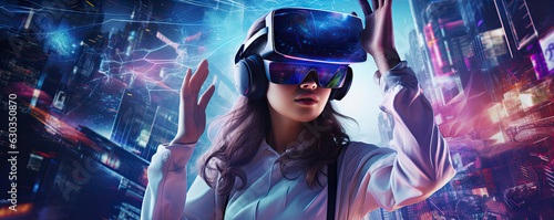 Woman wearing virtual reality headset or glasses. panorama photo © Michal