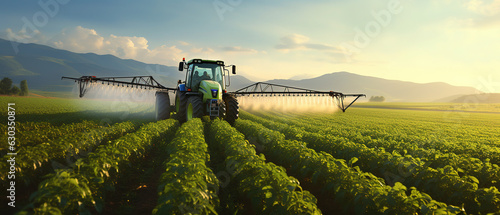 Foto Tractor spraying pesticides fertilizer on soybean crops farm field