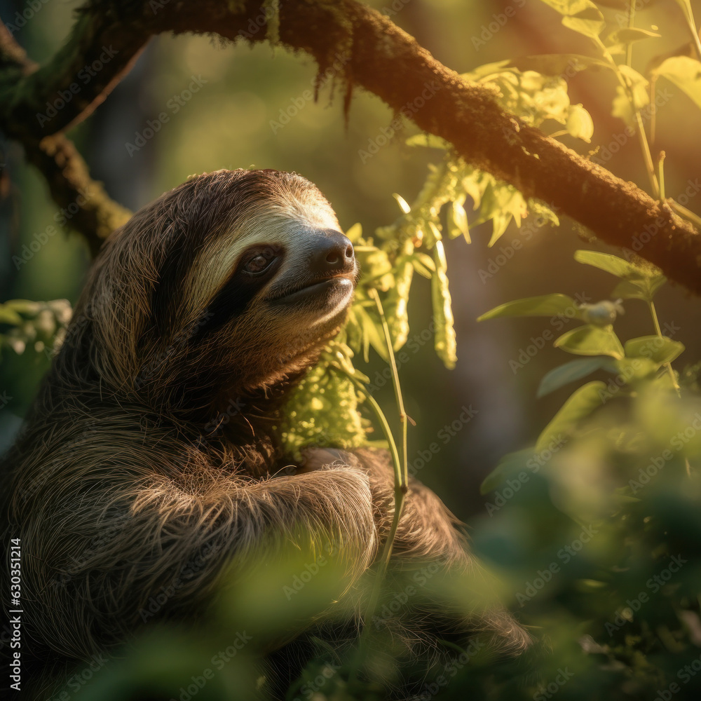 Fototapeta premium Sloth in its Natural Habitat, Wildlife Photography, Generative AI