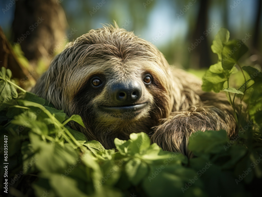 Naklejka premium Sloth in its Natural Habitat, Wildlife Photography, Generative AI