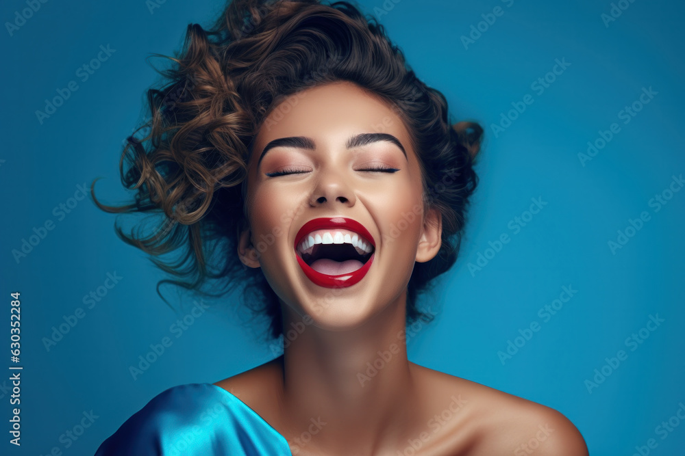Cheerful female model with blue eye shadow makeup, laughing on blue background.