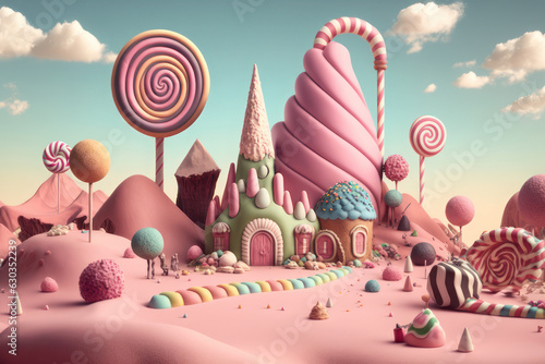 Candyland, houses and sweets. Dreamland. AI generative.