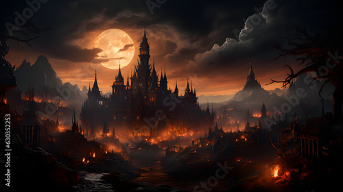 halloween night scene with castle © Phimchanok